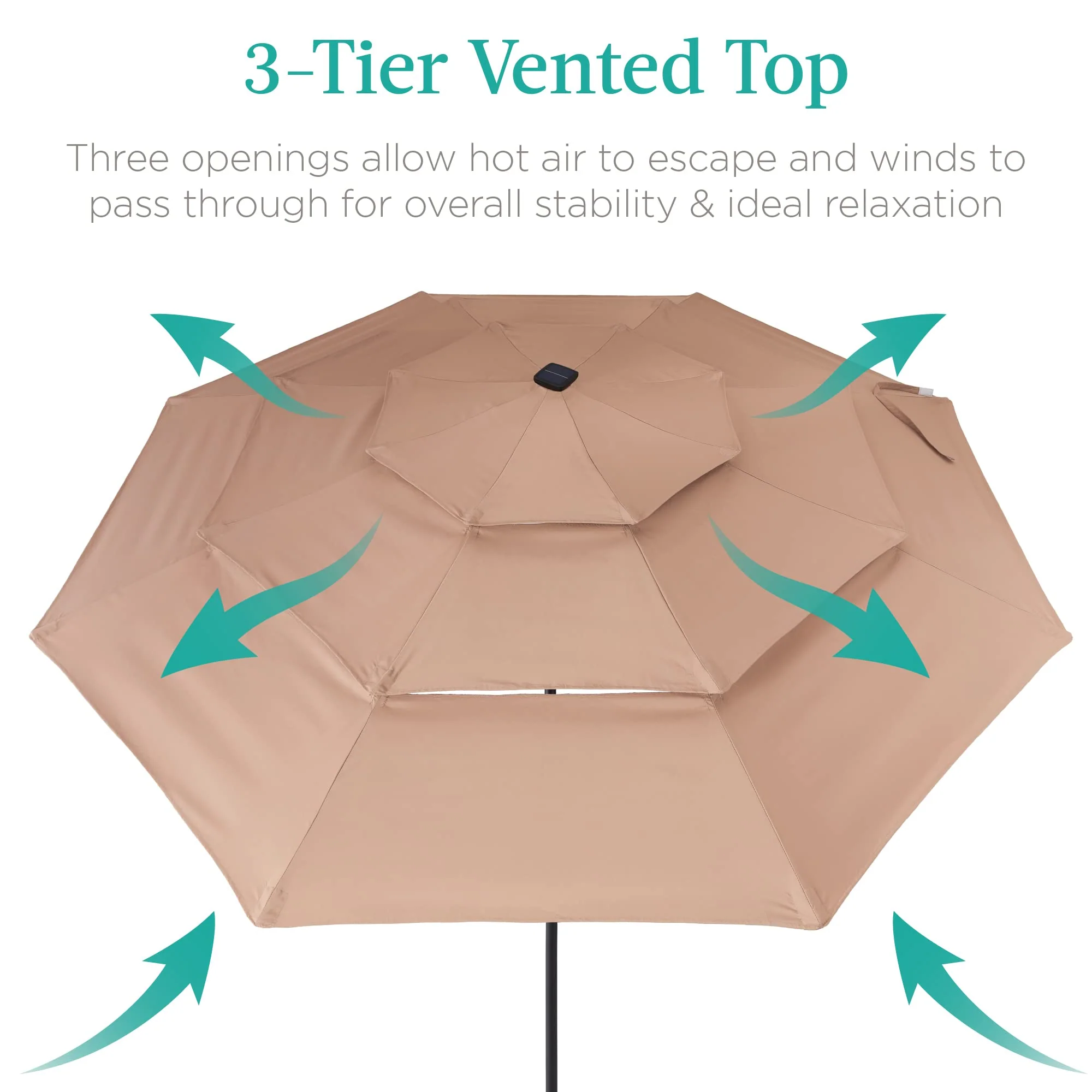 10ft 3-Tier Solar Patio Umbrella. Outdoor Market Sun Shade for Backyard